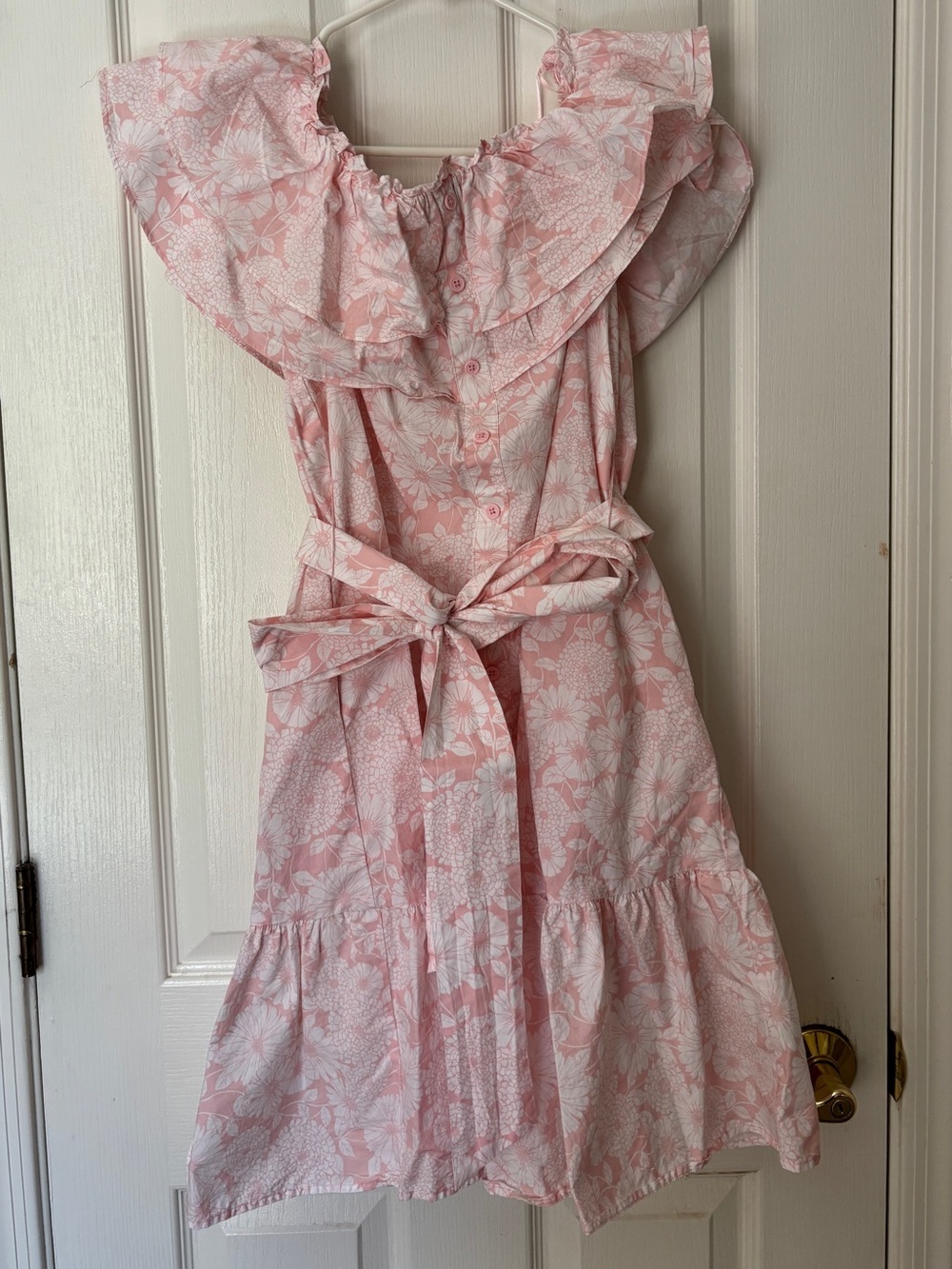Pretty Pink & White Ruffled 100% Cotton Floral Mini Dress with Pockets & Sash